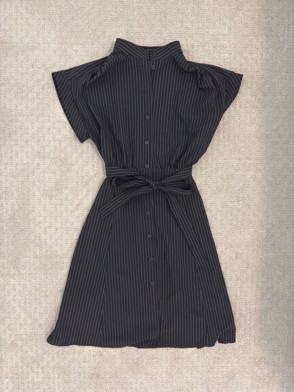 Calvin Klein Black Pinstripe Belted Midi Dress